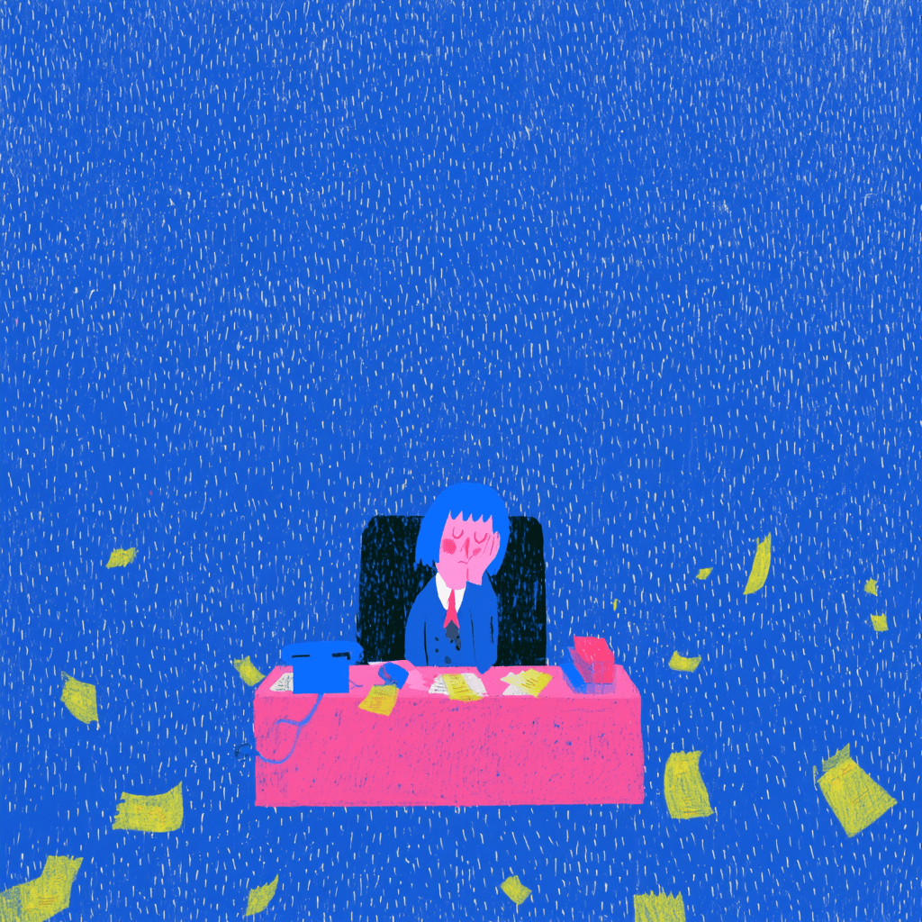 Crayon illustration of a parent and child with matching blue hair at a pink table, under a starry blue sky